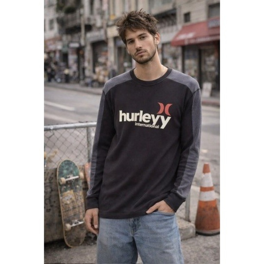 Hurley International Mens XL Thermal Long Sleeve Shirt Black Gray Waffle Knit